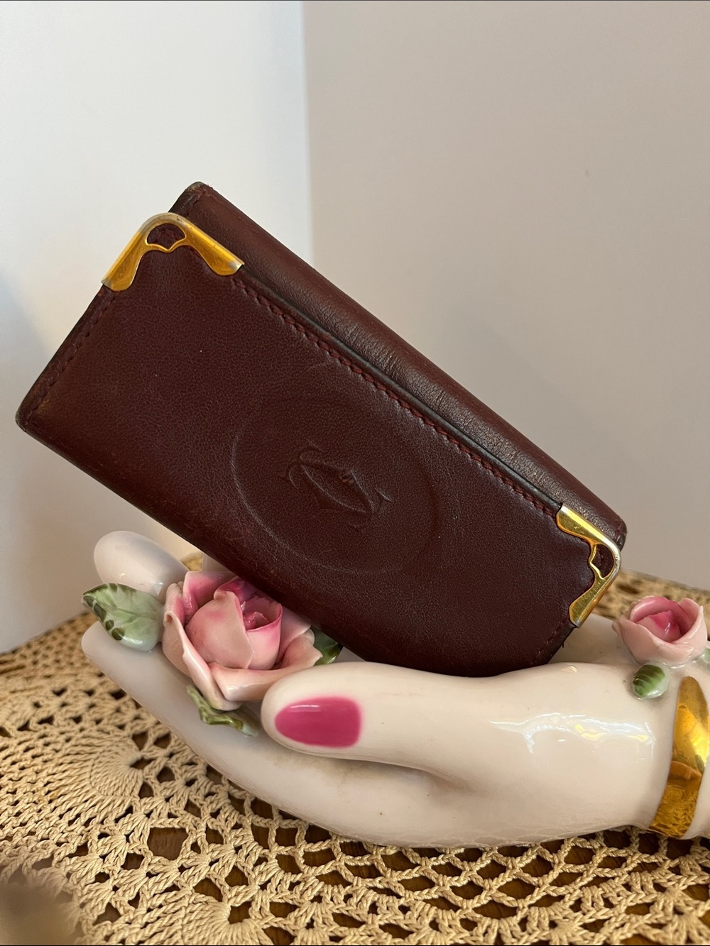Cartier 4 Key Holder Brownish / Burgundy Leather Card Case with Gold Corners